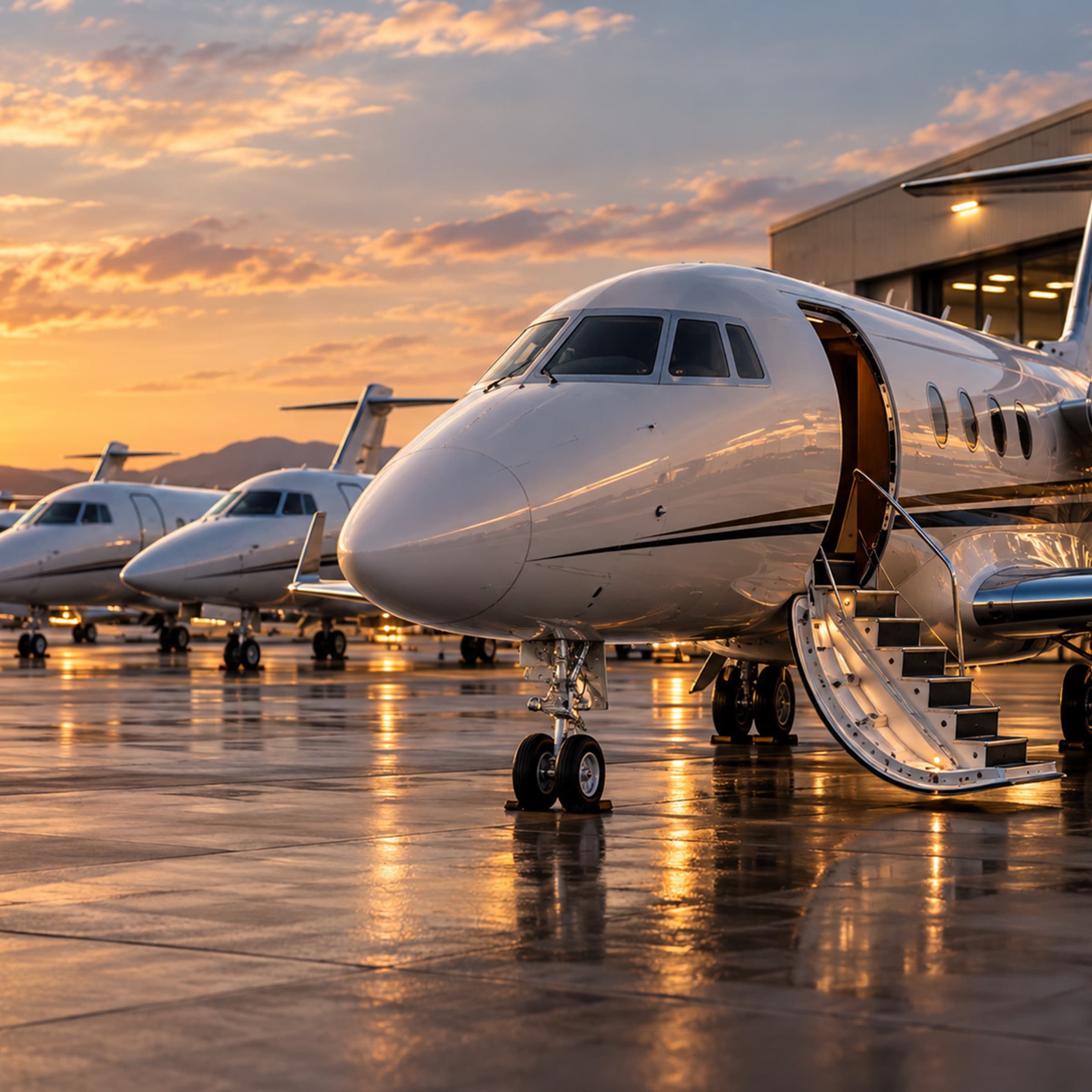 Fleet of business aircraft prepared on a wet ramp at sunset