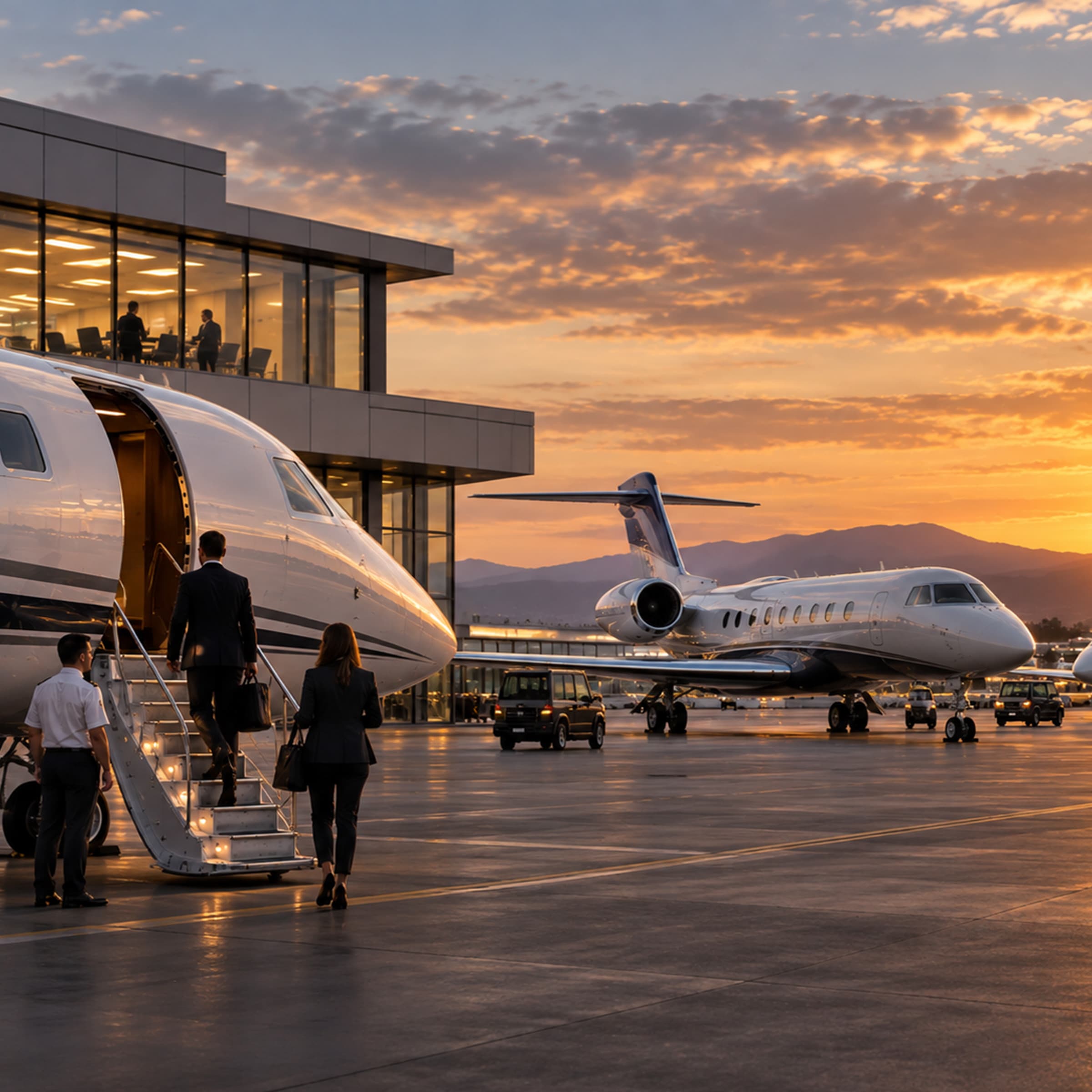 Corporate aviation passengers and crew boarding business aircraft at sunset