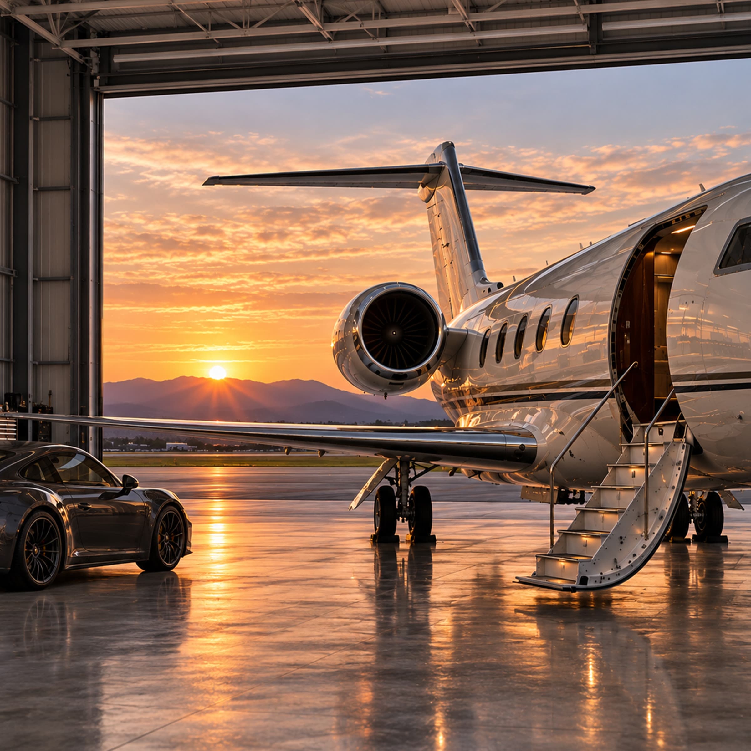 Private aircraft and luxury car inside a sunset-lit hangar