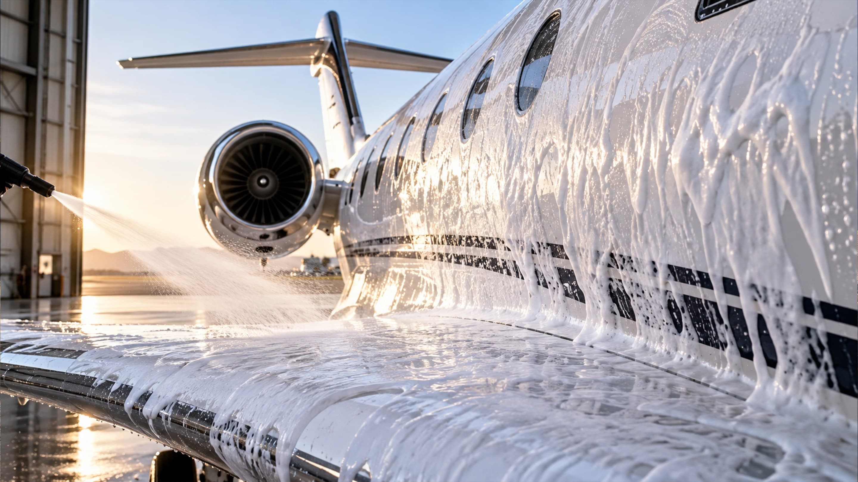 Foam-covered private aircraft being washed beside a hangar