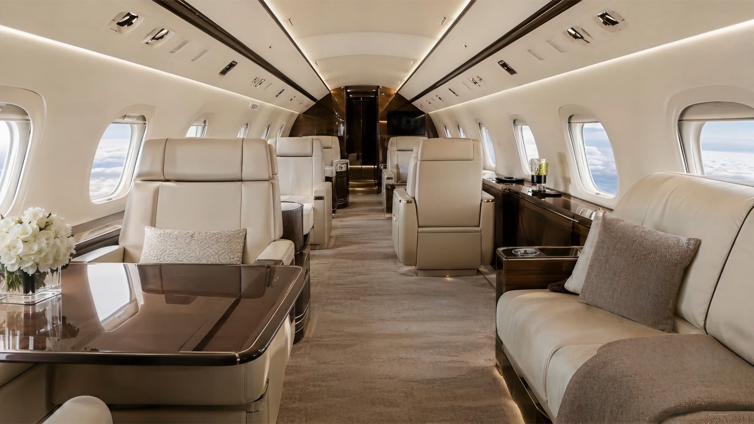 Immaculate cream leather and dark wood private aircraft cabin