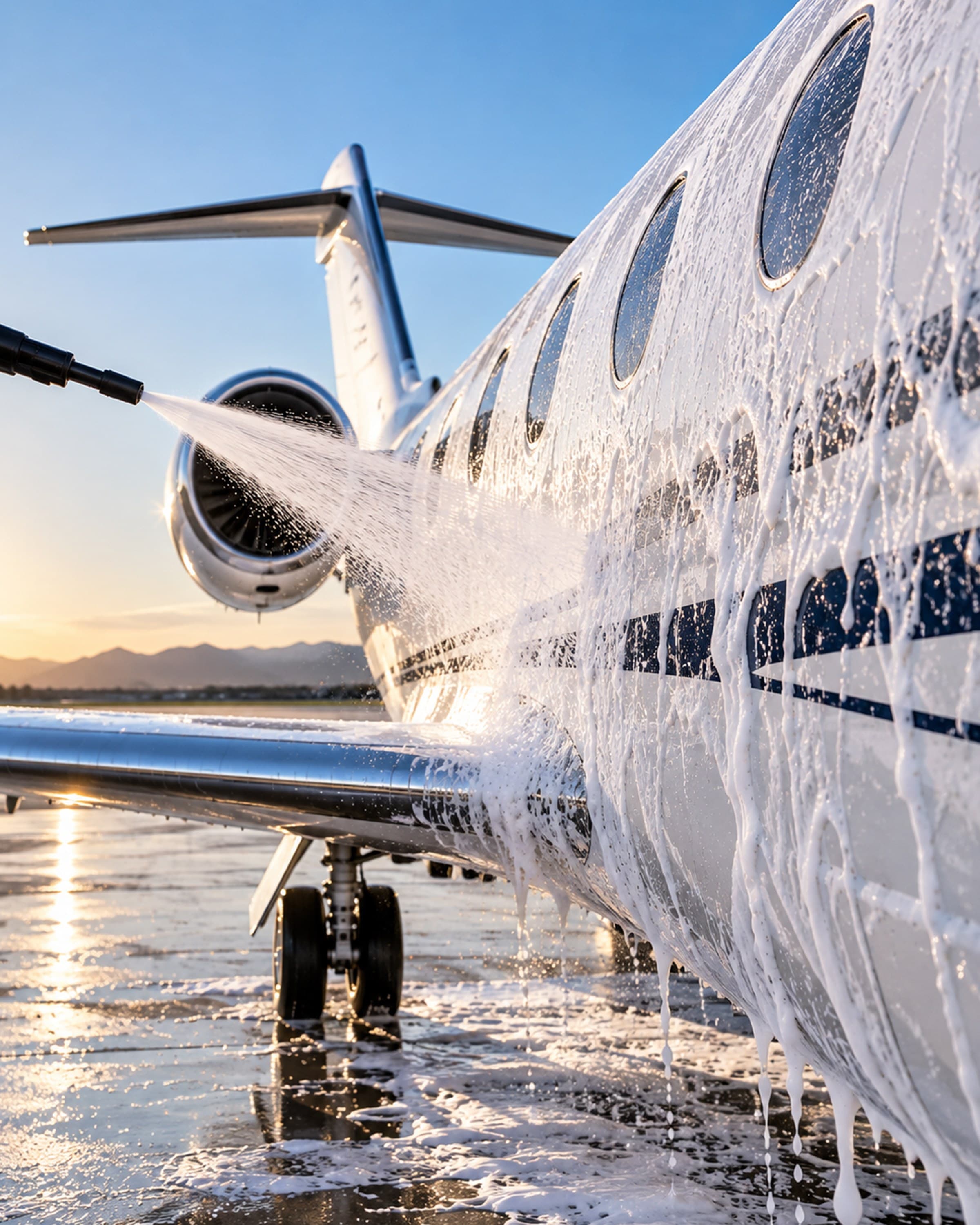 Foam-covered private aircraft undergoing an exterior wash