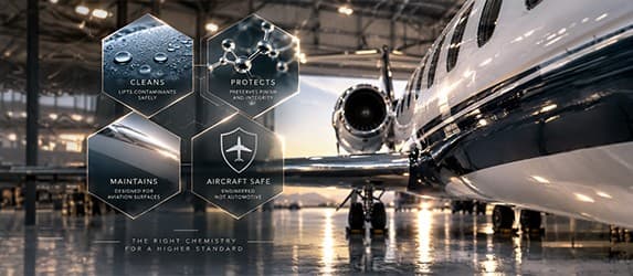 Aviation chemistry benefits displayed beside a private aircraft in a hangar