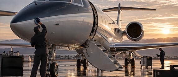 Technician inspecting the nose of a business aircraft during a ramp walkaround