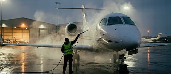 Ground-service worker wet-washing a business aircraft on the ramp